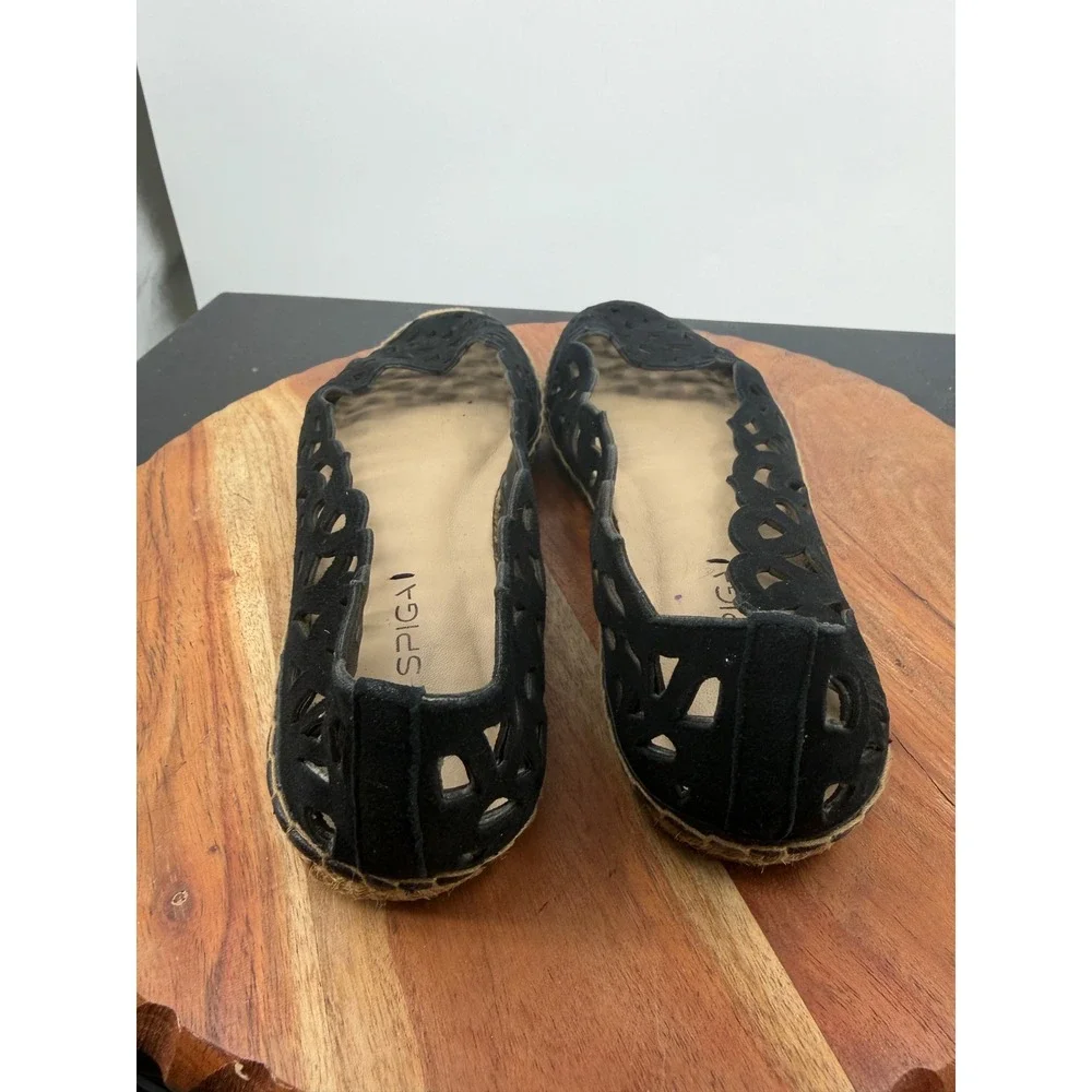 Via Spiga Espadrille Flats Womens 8 Black Laser Cut‎ Suede Scalloped